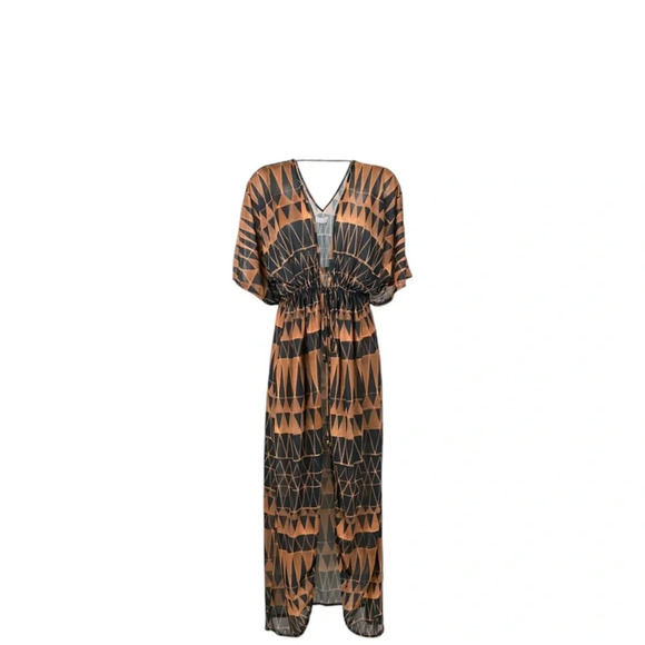 Brigitte Cover Up S Graphic Print Duster Tie-Front Vacation Resort Quiet Luxury - Picture 3 of 7